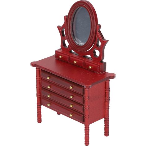Table de toilette miniature en bois, à l'échelle 1:12, avec miroir, couleur annatto. Modèle réduit très réaliste. (1/5)
