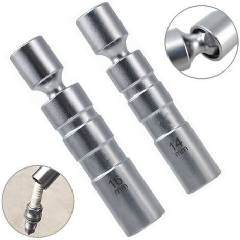 Lot de 2 clés à bougie d'allumage 14 mm, 16 mm, candélabres magnétiques à douze pointes  Clé à bougie universelle flexible 3/8" Outil de démontage de clé à douille pour bougie d'allumage (court) (1/5)