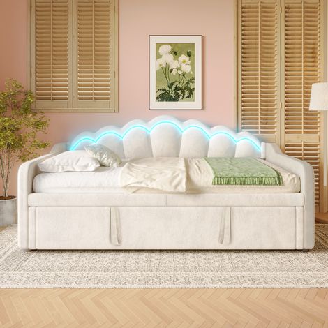 Divano letto 90x200 cm in velluto beige, salvaspazio per camera, senza materasso FloraGrace (1/5)