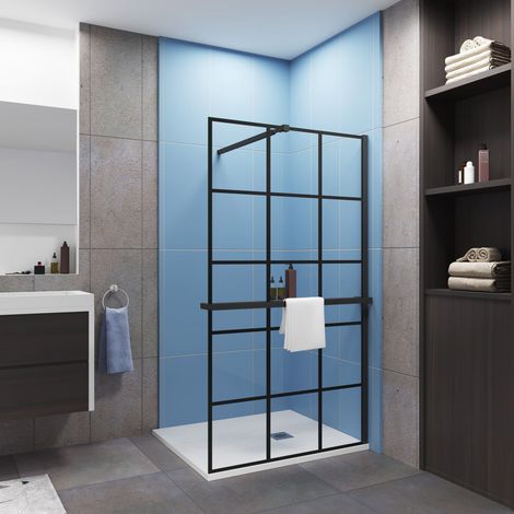 Paroi de douche à l'italienne sérigraphie brique 80x200cm installé avec une barre de fixation noir 73-120cm extensible,livré avec étagère de douche noir