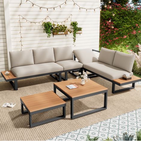 Modulares Gartenlounge-Set aus verzinktem Stahl und Polyester in Beige/Grau, mit 2 Couchtischen, Liegefunktion und Ablagefächern (1/5)