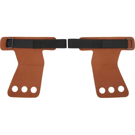 2 coussinets de protection paume gym cuir synthétique poignée trois doigts traction haltérophilie marron (1/5)