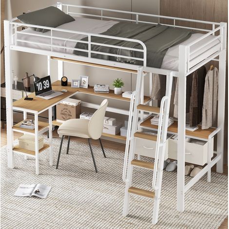 Letto a soppalco moderno 90x200 cm in metallo e legno bianco+naturale con scrivania, scaffale e 2 box contenitori (1/5)