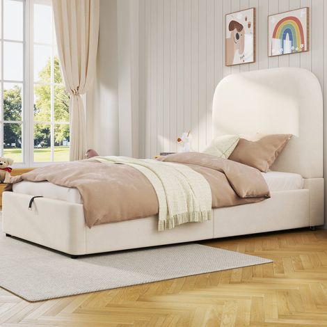 Lit enfant capitonné 90x200 cm en velours beige, sommier à lattes inclus, coffre de rangement hydraulique, tête de lit rembourrée, lit simple sans matelas