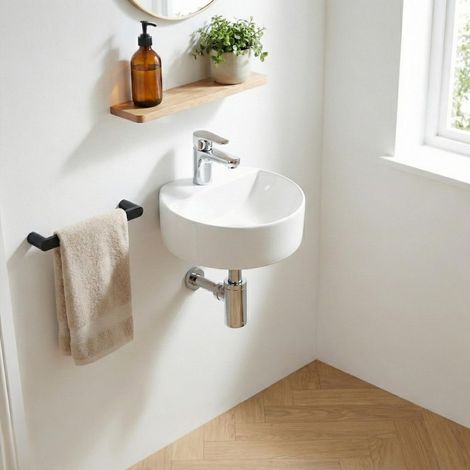 Mob-In – Vasque lave-mains suspendue ronde en céramique 30x10cm – Design épuré sans trop-plein – Installation simplifiée pour petits espaces