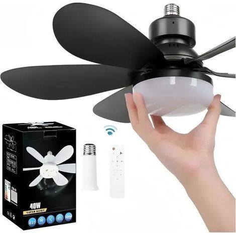 Ventilateur de plafond LED noir à 40W, 520mm, E27, gradable 3 couleurs, silencieux, avec télécommande et rallonge 95mm (1/2)