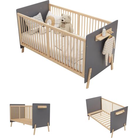 Massivholz Babybett, Verstellbares Kinderbett mit Drei-stufiger Höhenverstellung, Umweltfreundliche Lackierung, Als Anschlussbett/Sofabett nutzbar, Ohne Matratze, Blaugrau + Naturholzfarbe,1407086cm