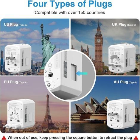 Adaptateur de voyage universel multiprise mondiale - Chargeur de voyage international avec 2 ports USB C et 2 ports USB, adaptateur de voyage tout-en-un Royaume-Uni vers UE, États-Unis, Royaume-Uni, A (1/5)