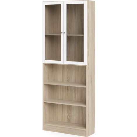 Base Regal mit 2 Glastüren und 2 Regalen, Eichendekor / Weiß.