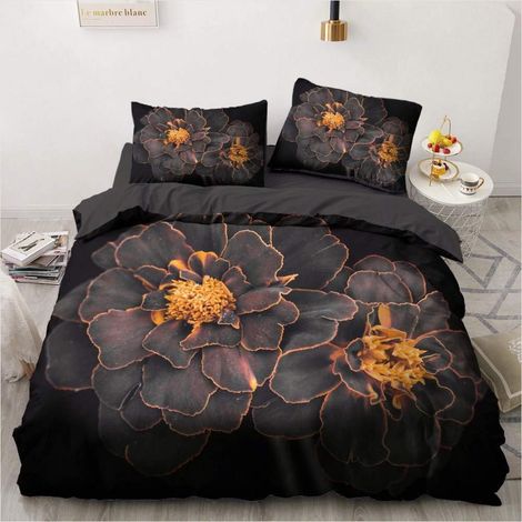 Bettwäsche-Set 200x200cm Blumen Vintage Schwarz Orange Mikrofaser mit Reißverschluss