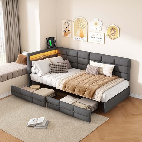 Sofá cama 90x200 cm con puerto USB, cama tapizada, cama infantil con 2 cajones, estructura de cama juvenil, cabecero con iluminación ambiental, lino, gris (1/5)