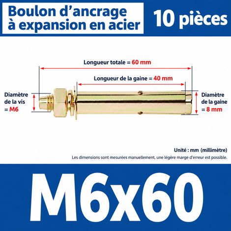 Goujon d'ancrage cheville métallique à expansion M6x60 mm lot de 10 pièces m6 60 10 pièces 1 kg – Livraison gratuite
