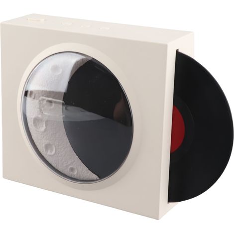 Réveil rétro Bluetooth style tourne-disque vintage avec veilleuse lune et étoiles, blanc, idéal pour la décoration de chambre. (1/5)