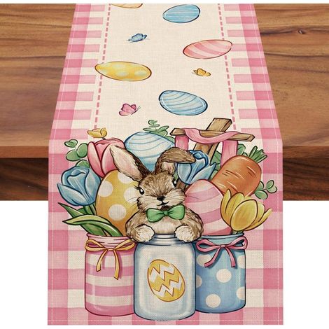 Camino de mesa de Pascua, 33 x 183 cm, con motivos de conejo, cruz cristiana, zanahoria y tulipán. Ideal para decorar la cocina y la mesa del comedor.
