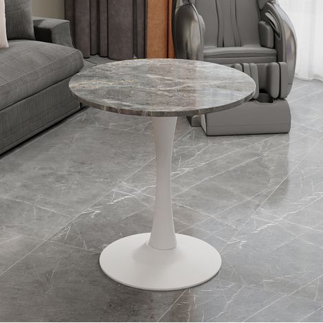 Tavolino rotondo 70 cm in marmo artificiale, stile moderno mid-century, bianco e grigio DESVIAE (1/5)