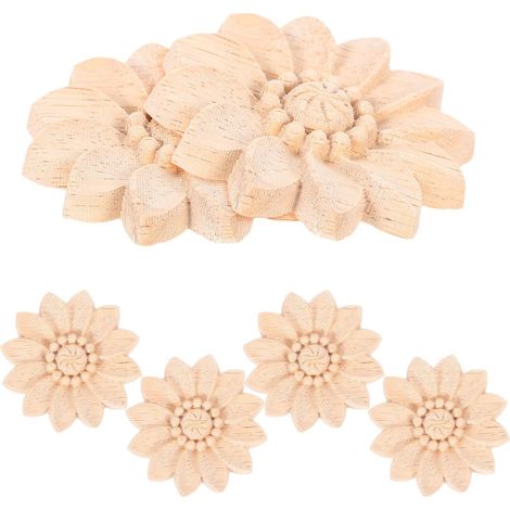 6 Pièces Appliques pour Meubles Fleur en Bois Sculpté Ronde, Bois, Kaki, Appliques de Meubles Décoratives pour Armoires, Cuisines et Salons (1/5)