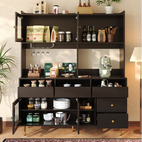 Aparador alto 145x39x171 cm con puertas de cristal estriado, botellero, negro DESVIAE (1/5)