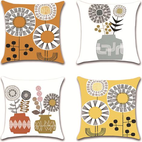 4 Housses de coussin en lin géométrique abstrait - Taies déco pour canapé - Couvre-coussin jetable - 45x45 cm - Lot de housses uniquement (1/4)