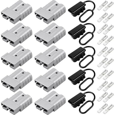Anderson Lot de 10 fiches 50 A - Connecteur de batterie 50 A 600 V - Avec bouchons anti-poussière - Pour voiture, camping-car, caravane, moto, bateau, systèmes solaires, gris (1/5)