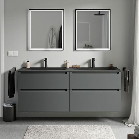 BERNSTEIN - Meuble double vasque suspendu salle de bain MDF Anthracite mat, lavabos fonte minérale Noir mat + trous robinet, tiroirs passe-main pivotants - 160x46x62cm - VIREO Anthracite mat, Noir mat