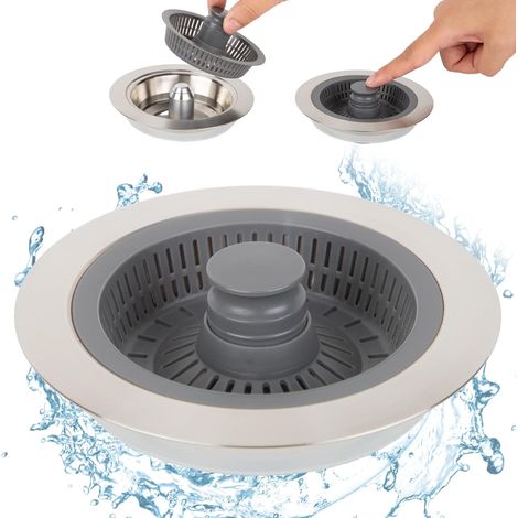 Edelstahl Stöpsel für Spülbecken,Verbessert 3 in 1 Küchen Spülbecken Stöpsel,Abflusssieb Küchenspüle,Multifunktional Spüle Stöpsel,Filtert Essen und Haare aus den Löchern,Verhindert Gerüche (1/5)