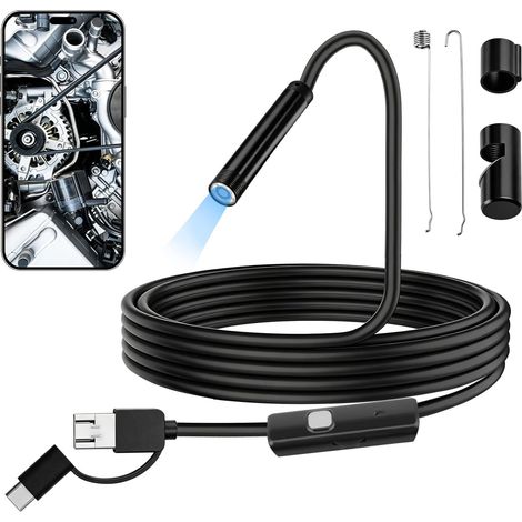 Endoscope Caméra d’Inspection 1080P, Caméra Endoscopique 3 en 1 USB Type-C Micro-USB, 6 LED Réglables, Étanche IP67, Câble Semi-Rigide 5M pour Android PC Auto Canalisation Plomberie (1/5)
