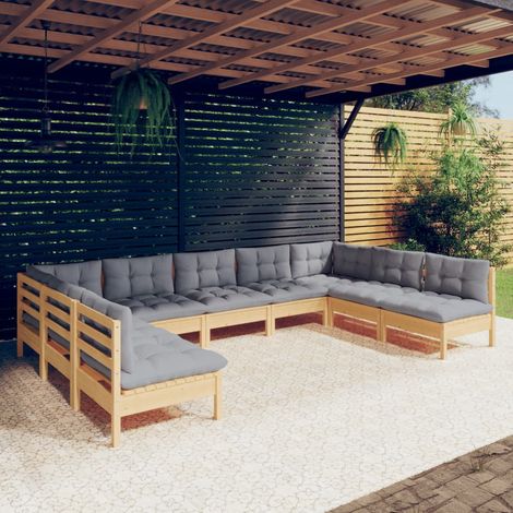 Salon de jardin 9 pcs Ensemble Table et Chaise de Jardin - avec coussins gris Bois de pin solide BV180804 - BonneVie (1/5)