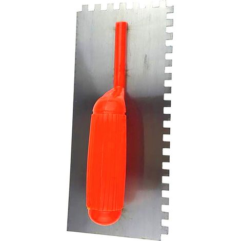 Couteau à carrelage dentelé rouge manche plastique, spatule crantée pour carrelage (vente exclusive Mexique). (1/5)