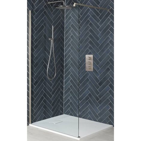 Milano Hunston Brushed Nickel Walk In Wet Room Shower Enclosure with Screen Support Arm and White Slate Effect Tray - 800mm x 800mm (1/5)