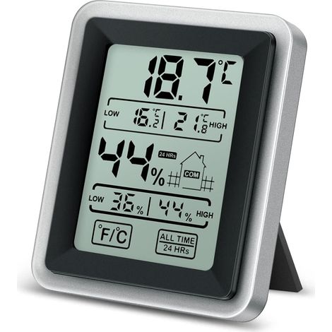 Thermomètre hygromètre intérieur avec écran LCD, mesure de -50 à 70 °C, horloge intégrée, indicateur de température et humidité pour chambre, salon, bureau et maison (1/5)
