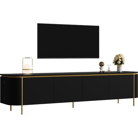 Meuble TV bas, meuble de télévision, bois MDF, pieds en fer, 6 portes, extrémités arrondies, cannelures, passe-câbles, salon (1/4)
