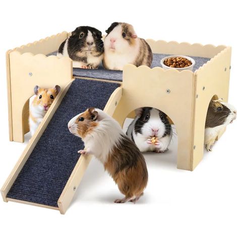 Maison en bois pour cochon d’Inde avec rampe démontable et coussin, cache‑cache 4 entrées pour hamster, hérisson, rat, habitat jeu 38 × 25 × 18 cm (1/5)