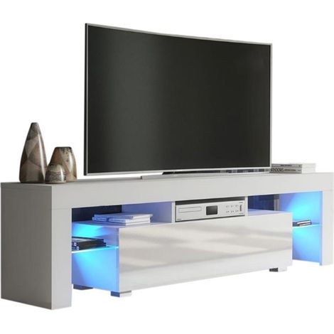 Dusine – Meuble TV moderne 160 cm – Blanc mat avec porte laquée – Éclairage LED intégré – Rangement pratique avec étagères vitrées (1/4)