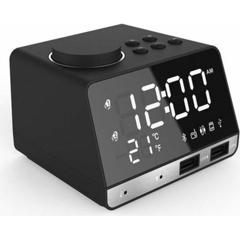 Réveil Miroir LED - Radio FM Bluetooth 4.2 - Haut-Parleur 3 W - Double Port USB - Thermostat Intégré - Pour Salle De Bain - Noir - 1 Pièce (1/4)