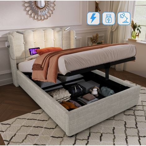 Einzelbett 90x200 cm Mit Kopfteil In Leinen Und Leselicht (1/5)