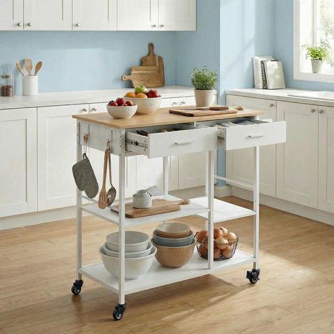 Desserte de Cuisine à Roulettes, 45 x 98,7 x 90 cm, avec Porte-serviettes, 2 Tiroirs, 2 Crochets, pour Salle à Manger, Beige et Blanc