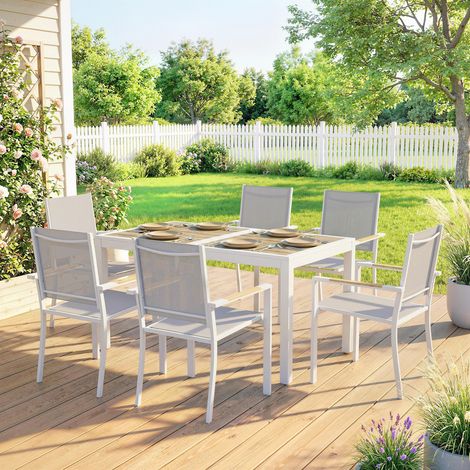 Conjunto de Mesa y Sillas Jardín con Mesa de Plástico PSPC y 6 Sillas Apilables Transpirables para Terraza Patio Blanco (1/5)