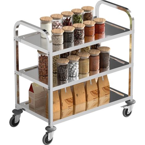 Chariot utilitaire à roulettes en acier inoxydable 90,5 x 50,5 x 88,2 cm, avec plateaux et 2 bras, couleur argent (1/5)