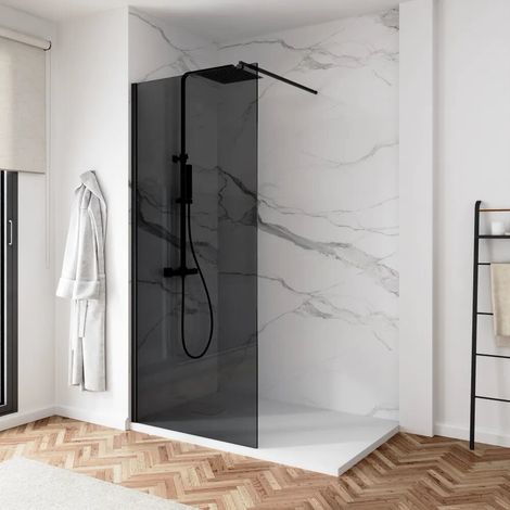 Doccia Walk-in 110 cm Profili in Alluminio Nero Opaco Vetro 8mm Fumè con Trattamento Anticalcare h200 Regolabile 98-110cm - Reversibile Mod. Keros