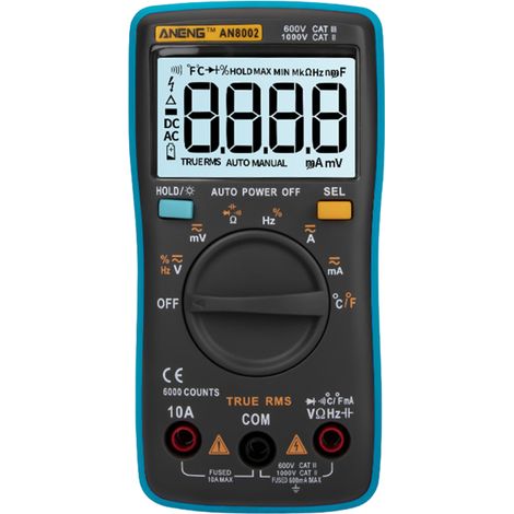 ANENG AN8002 Multimetro digitale a 6000 conteggi, True RMS, misura temperatura/tensione/corrente/resistenza/capacità/frequenza (min)
