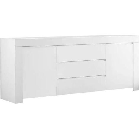 Buffet moyen 2 portes et 3 tiroirs, collection FOLOMI, coloris blanc laqué brillant (1/4)