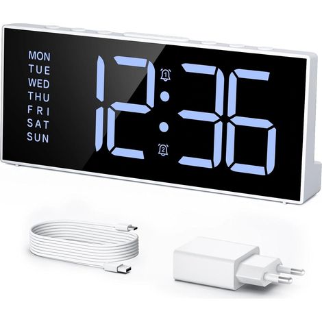 Réveil pour Dormir Profond, Réveil Numérique de Chevet avec Écran LCD 7’’, 9 Mins de Sonnerie, Double Alarme, Luminosité Réglable, 3 Niveaux de Volume, Blanc (1/5)