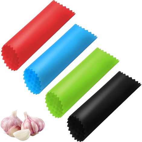 Lot de 4 éplucheurs d'ail en silicone, rouleau facile, rouge, noir, vert, bleu. (1/5)