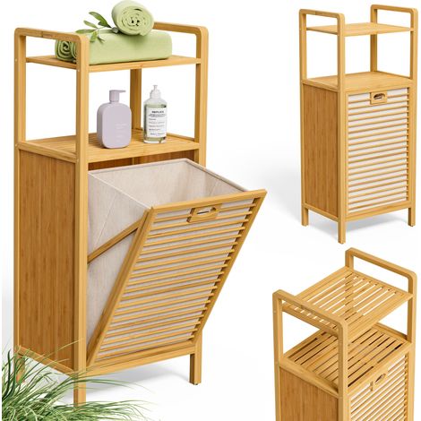 Casaria Mobile da bagno 2in1 di Bambú armadio con cesto dei panni sporchi integrato Portabiancheria scaffali da bagno mobiletto 40x30x95cm 1x (1/5)