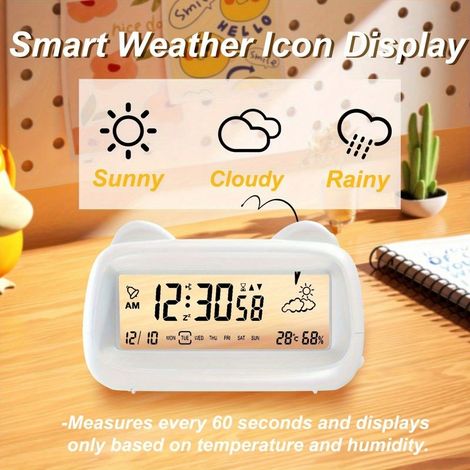 Réveil Numérique Mignon en Forme d'Oreille de Chat 3D, Écran LCD Transparent, Fonctions Météo, Température, Humidité, Minuterie et Veilleuse, Cadeau pour Chambre et Bureau (Blanc) (1/4)