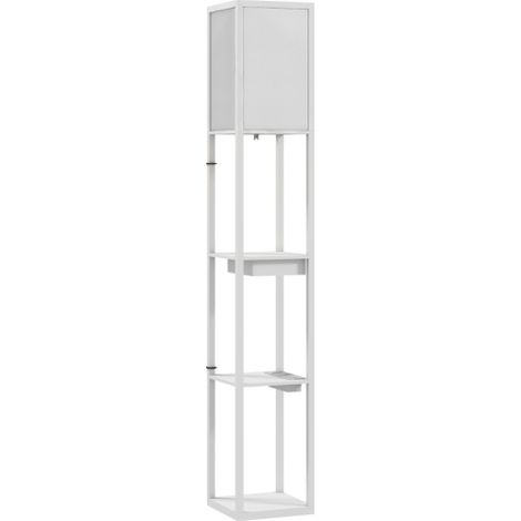 Lámpara de pie con estante de 3 niveles, interruptor de pie, puertos USB, MDF, color blanco. Entrega a domicilio. (1/5)