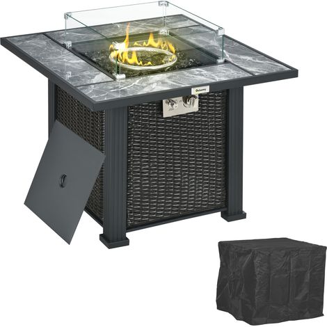 Outsunny Rattan Fire Pit Table with Rain Cover and Windscreen, 50,000 BTU (1/5)
