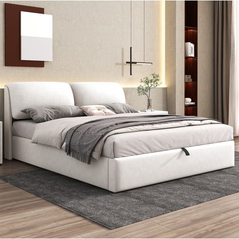 Letto imbottito moderno in velluto beige 180x200 cm con testiera regolabile, 3 cassetti, vano contenitore e rete a doghe (1/5)