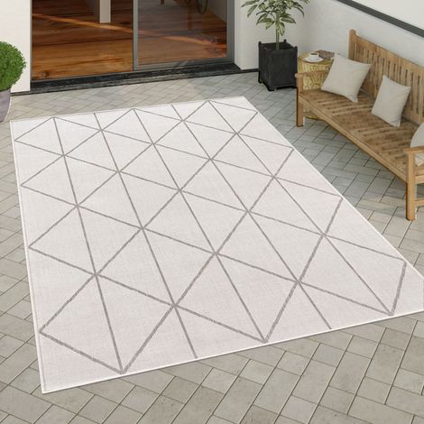 Paco Home Outdoor Teppich wetterfest Boho Skandi Motiv Rauten robust Balkon Terrasse Küche 200x280 cm, Weiß
