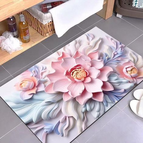 Diatomeenerde-Badematte – Saugstark, rutschfest und schmutzabweisend, ideal für den Badezimmereingang (40 x 60 cm, Blumenknopf-Muster)-lsw